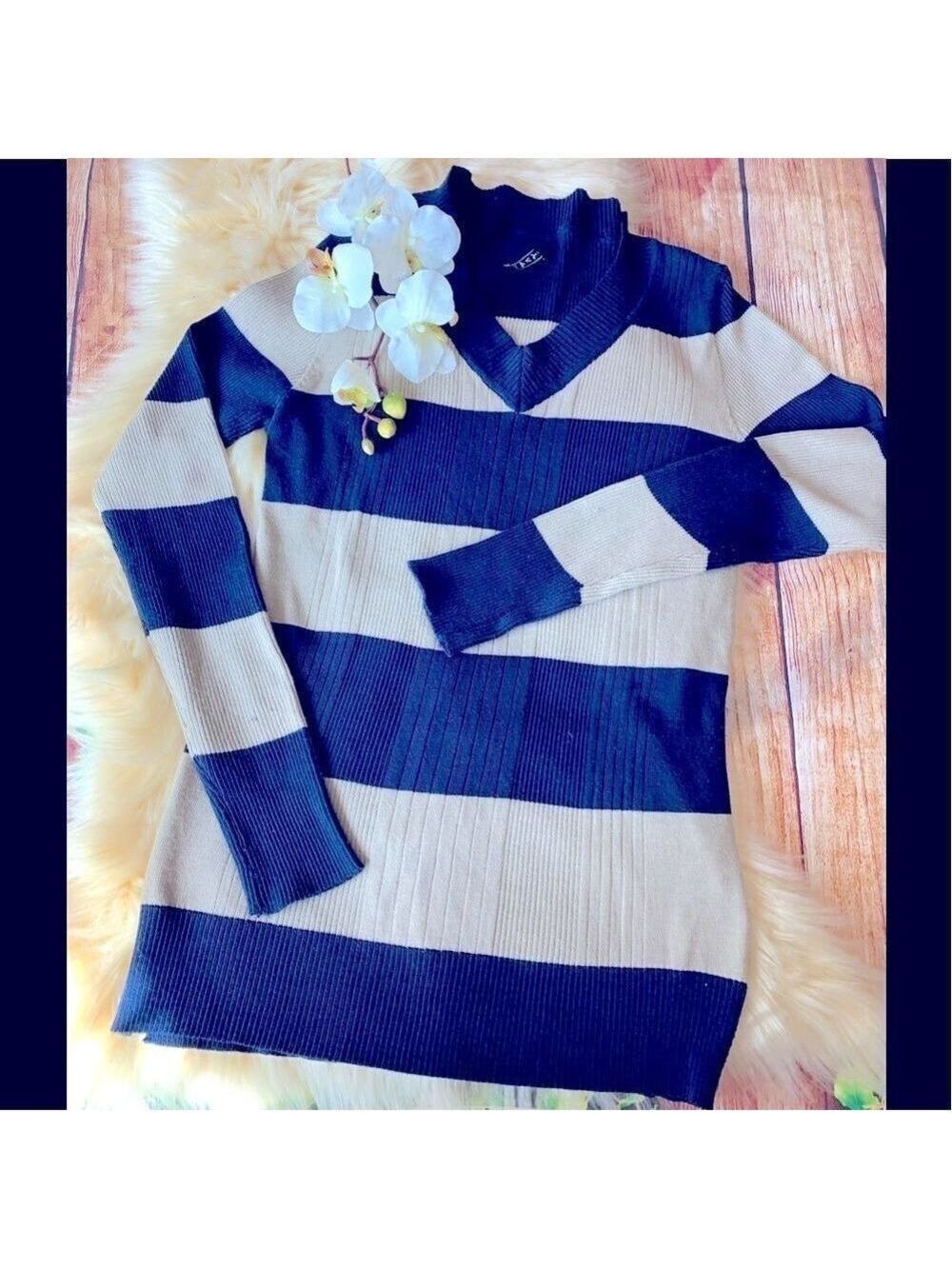 Striped V-Neck Sweater - Blue and Beige